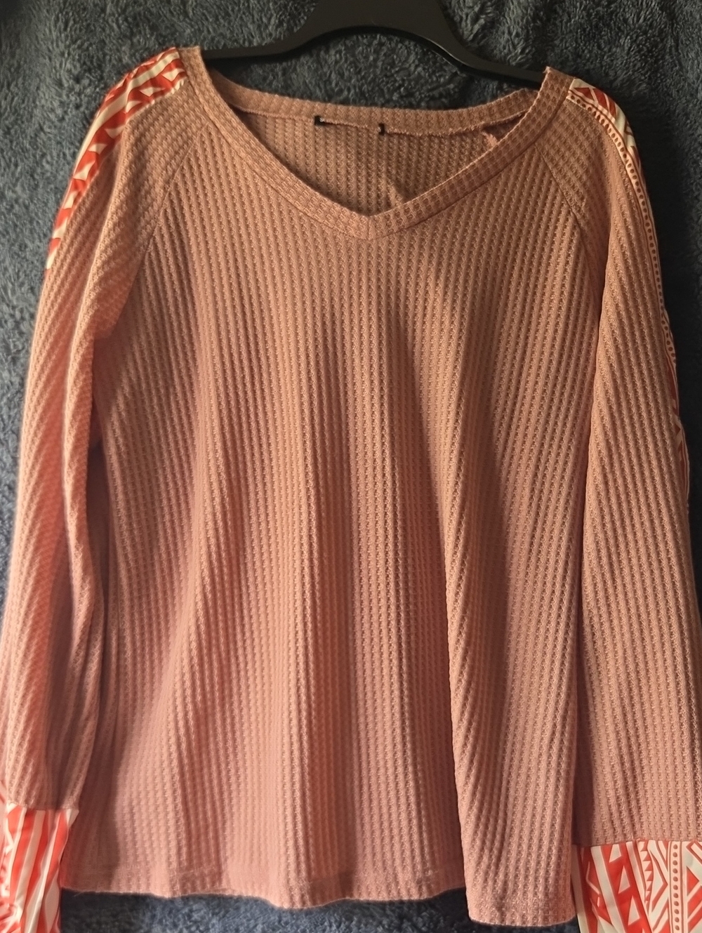 SHEIN Dusty Rose Waffle Knit Long Sleeve Top with Patterned Trim